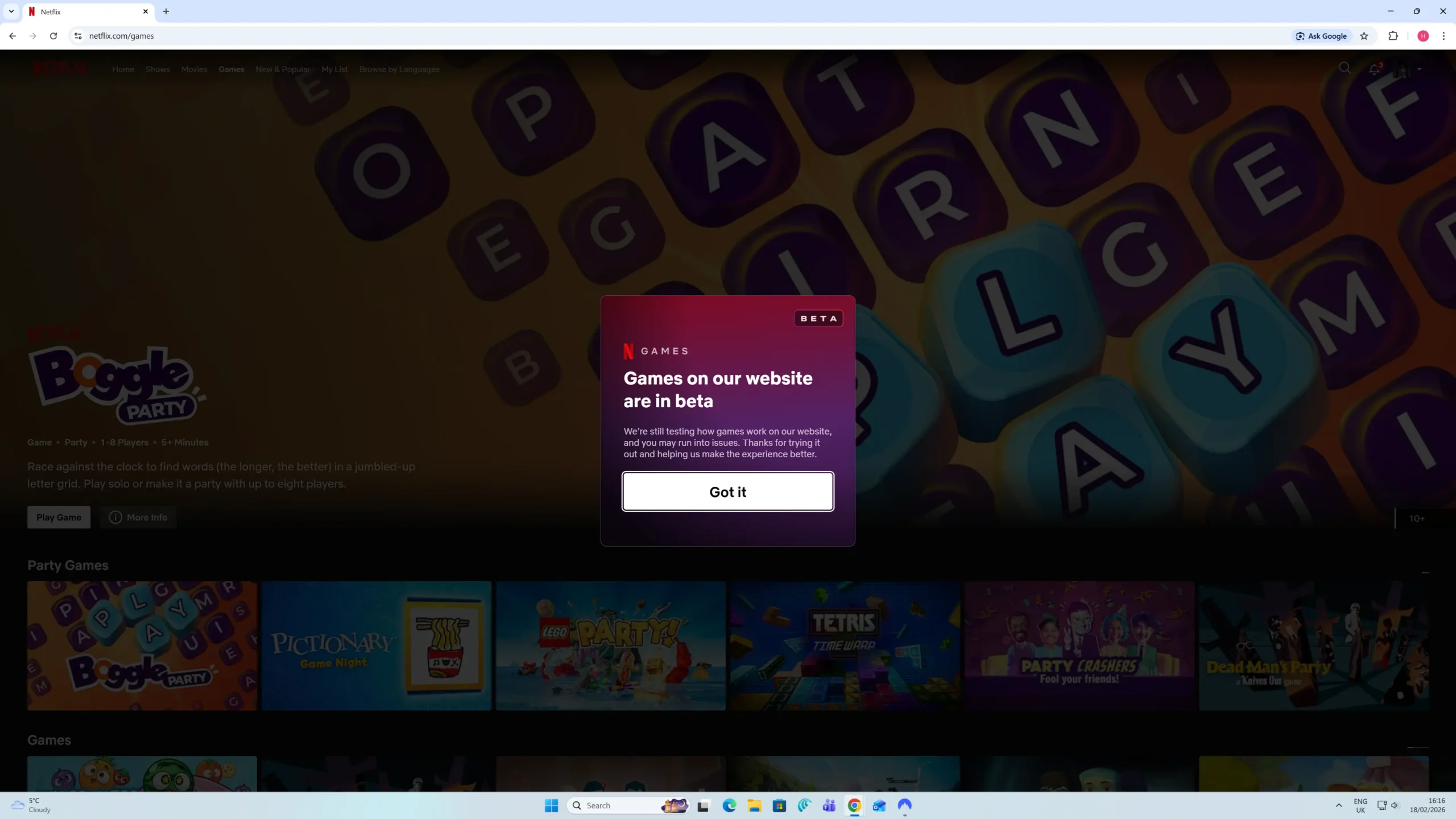 Netflix games beta notice on their wbesite