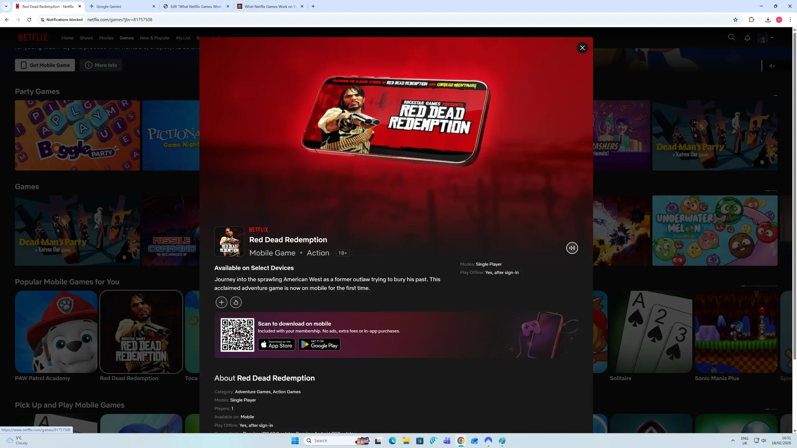 Netflix popup showing QR code for mobile game download