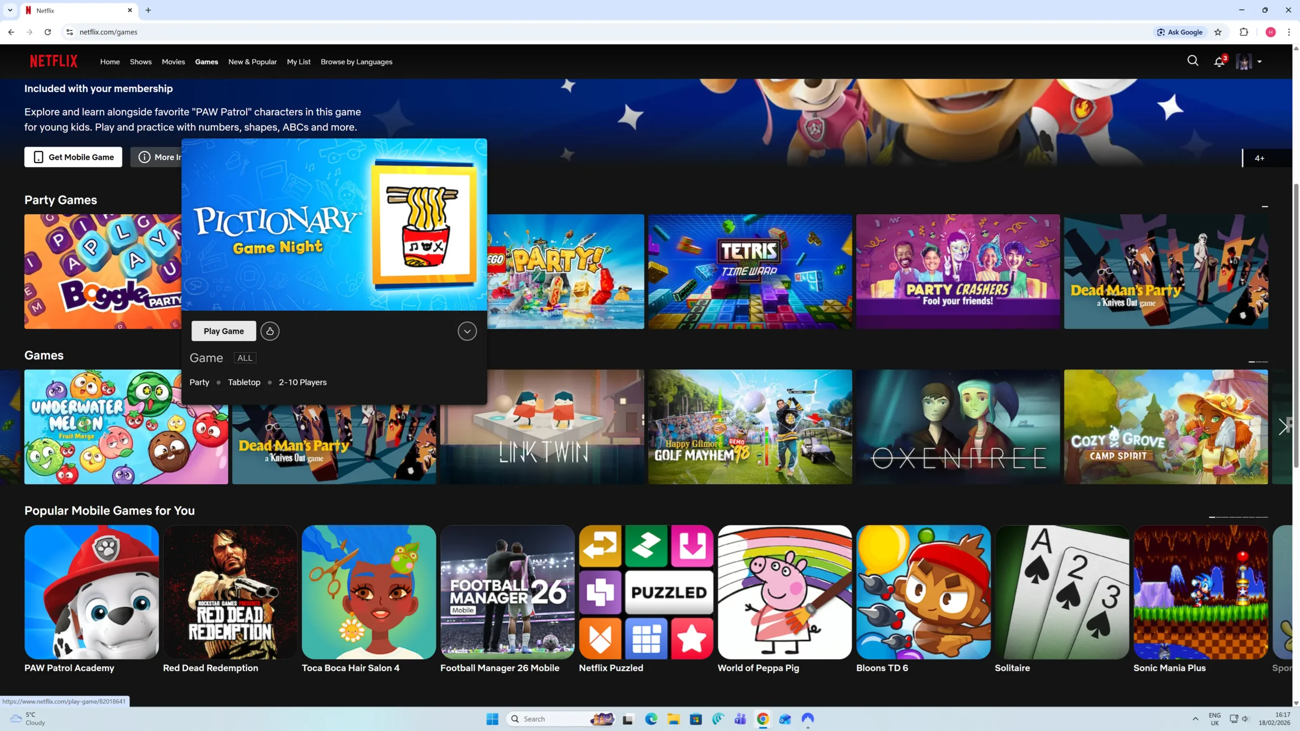 Netflix gaming interface on a desktop browser showing the pop-out effect