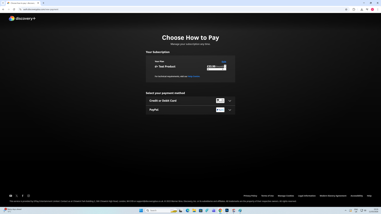 discovery+ checkout page showing the test product