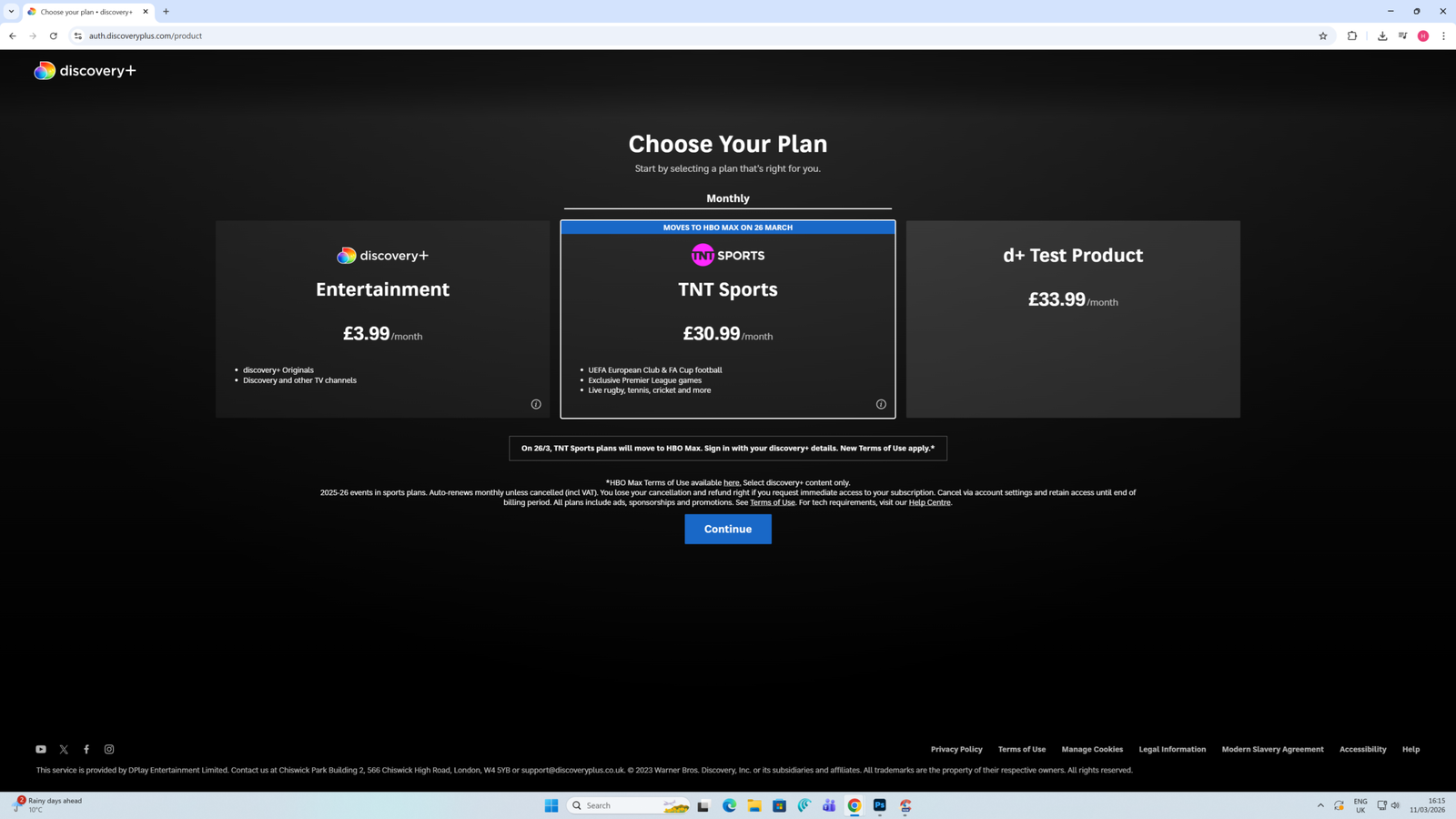 discovery+ plan selection page showing the d+ Test Product
