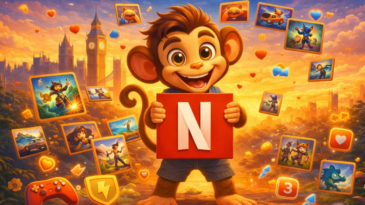 Our mascot Un holding the N sign with gaming symbols around him.