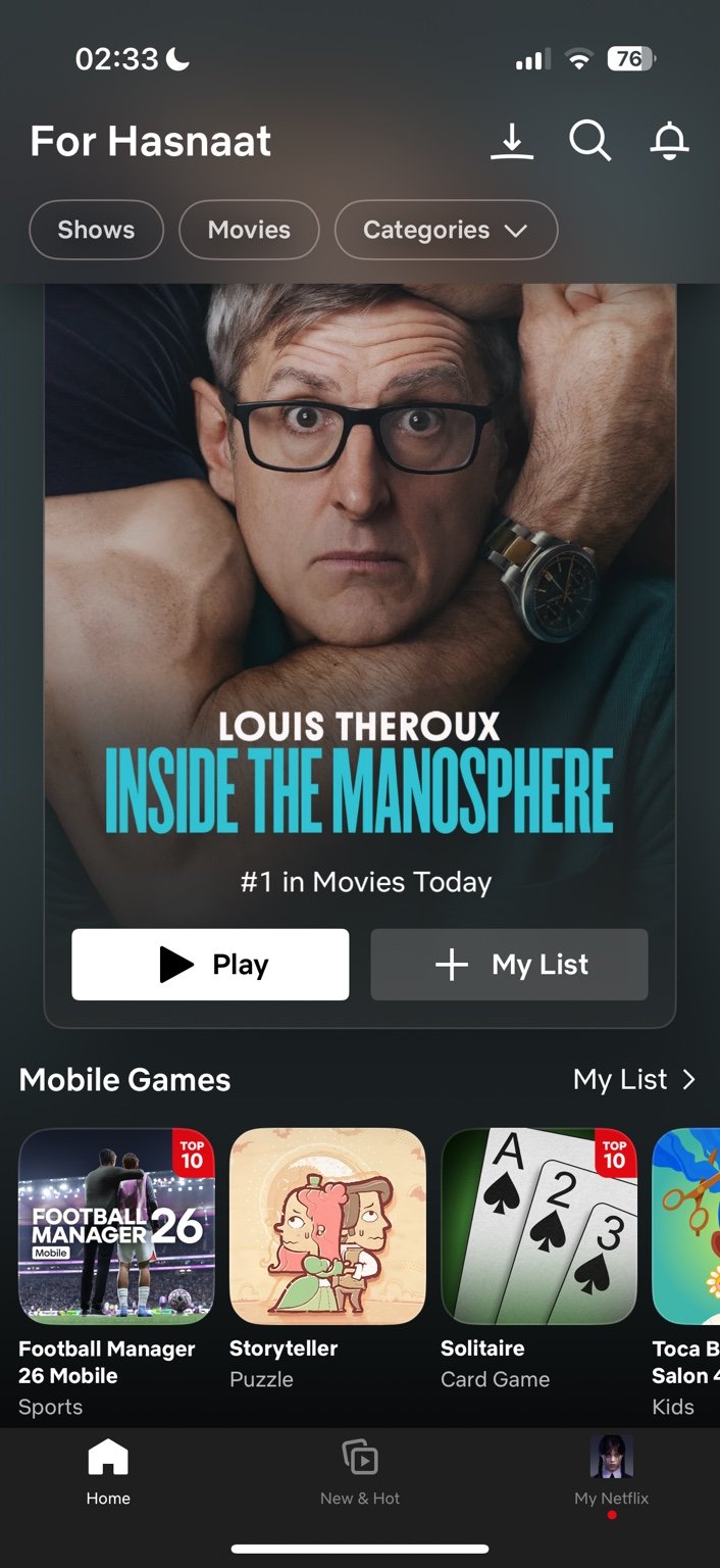 Screenshot of Netflix app home screen at 2:33 am on 18tg march 2026., showing the documentary Inside the Manosphere as the top movie, with Play and My List buttons and a row of mobile games underneath.