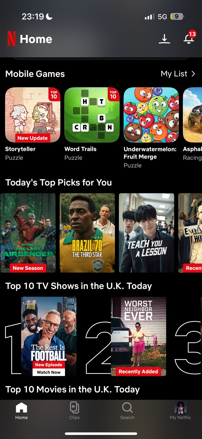 Netflix mobile iOS homepage showing Mobile Games, Today's Top Picks and Top 10 TV Shows in the UK