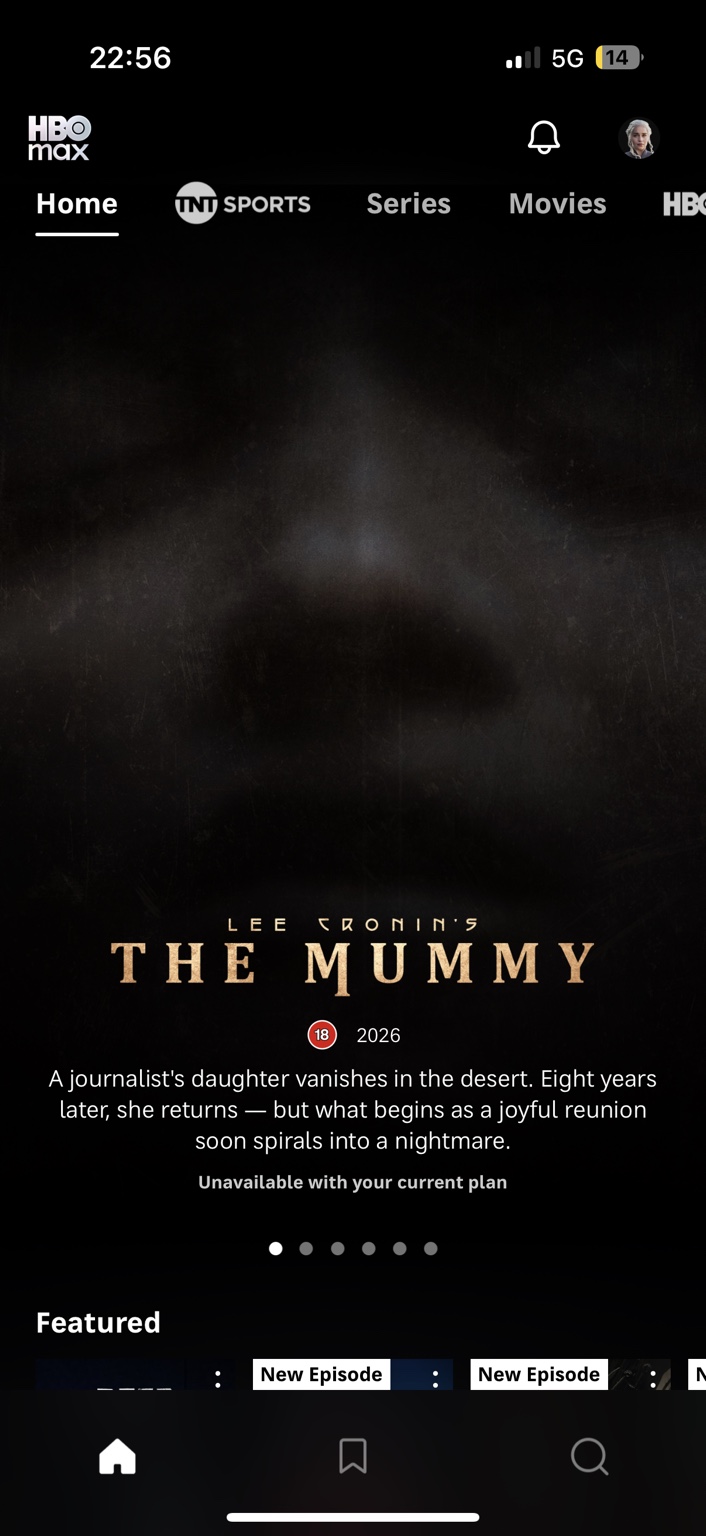 HBO Max mobile homepage showing the hero area, tabs, featured row and unavailable plan message