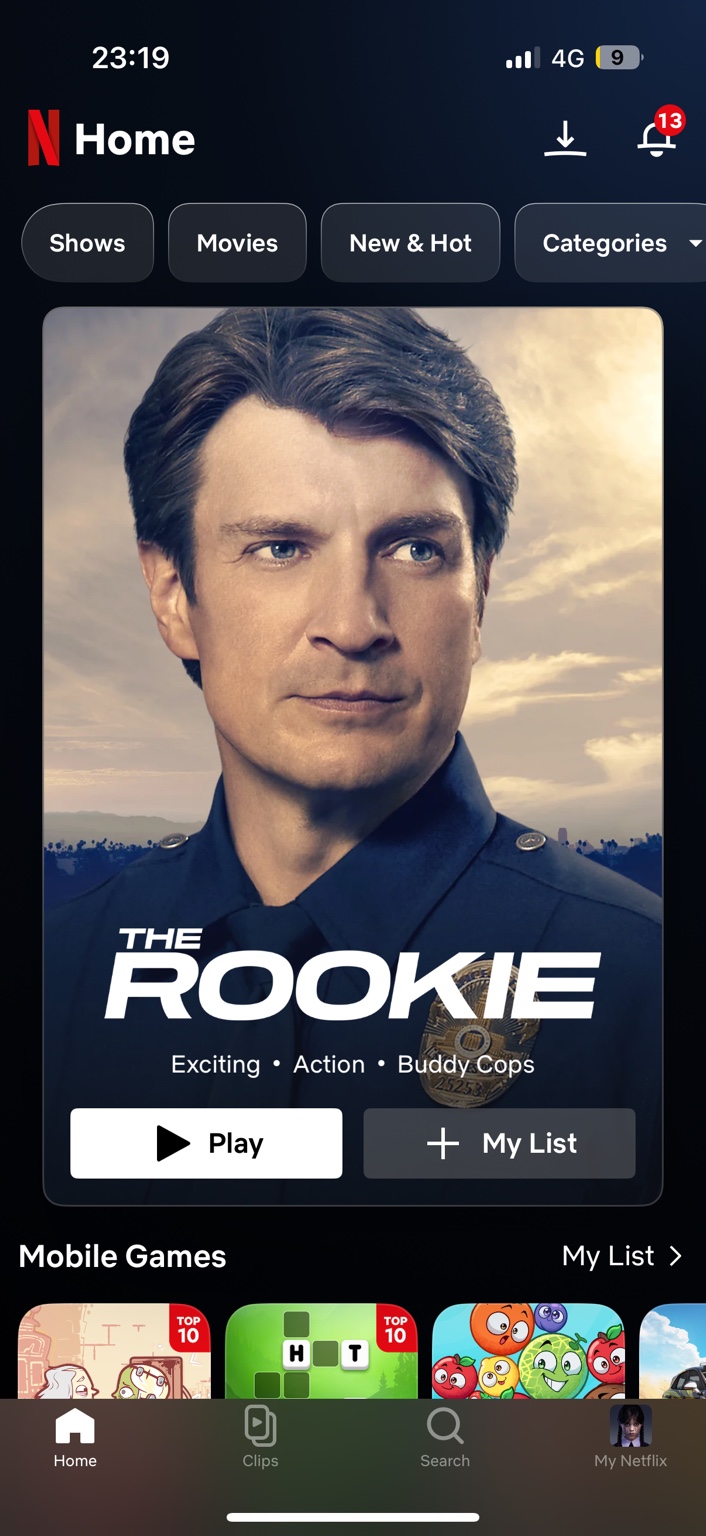 Netflix mobile iOS homepage showing The Rookie hero card, category buttons and Mobile Games row