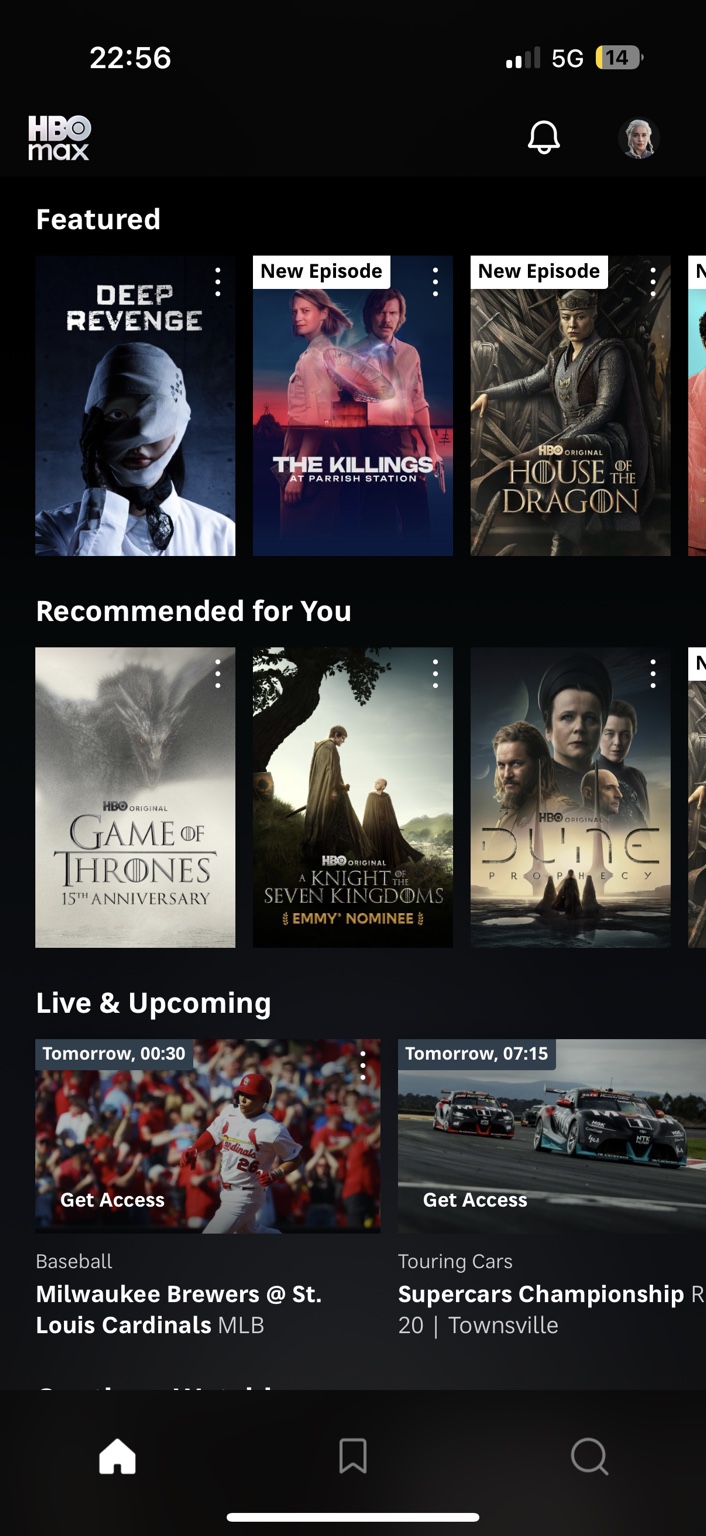 HBO Max mobile homepage showing recommendations, live and upcoming sports cards and Get Access prompts
