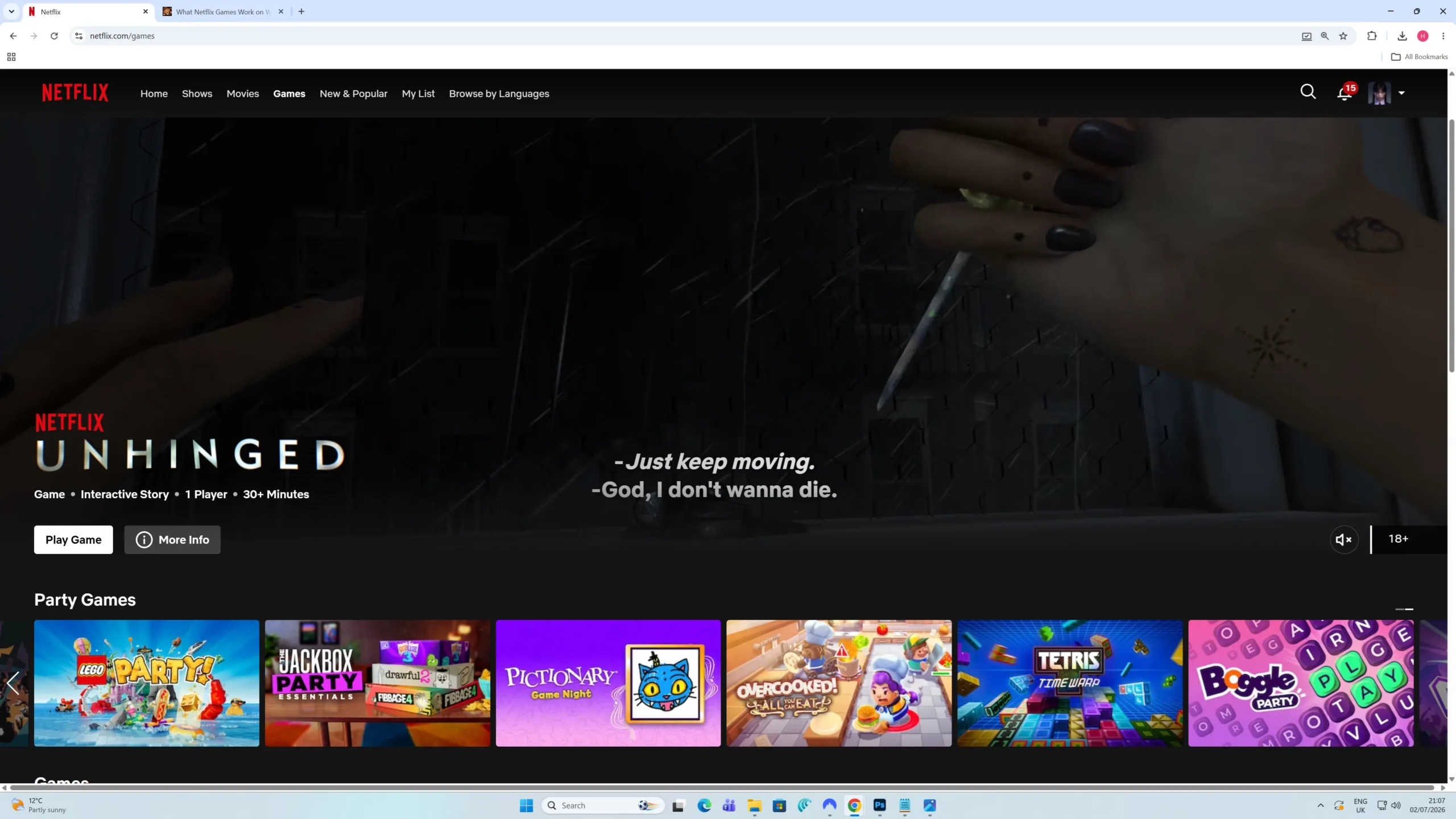 Netflix Games browser library screenshot from July 2026 showing the updated game list and Windows date/time proof
